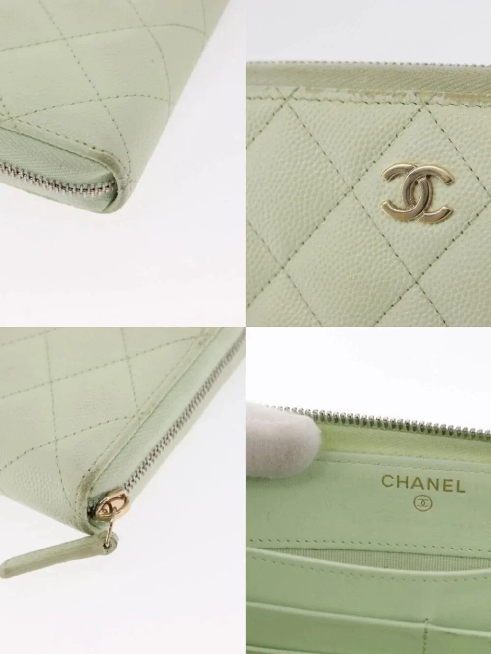CHANEL Long Wallet Grained Calf Skin Green Gold CC Auth 164071A
